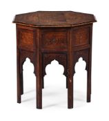 Y A CARVED HARDWOOD AND MARQUETRY OCTAGONAL TABLE, POSSIBLY MOROCCAN, CIRCA 1900
