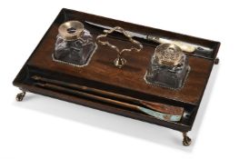 Y AN OAK AND SILVER PLATED INKSTAND, LATE 19TH CENTURY