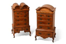 A COMPANION PAIR OF WALNUT AND BURR YEW MINIATURE CHESTS ON STANDS IN GEORGE II STYLE, 20TH CENTURY