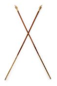 A PAIR OF MALACCA AND GILT METAL MOUNTED STAVES, PROBABLY 19TH CENTURY