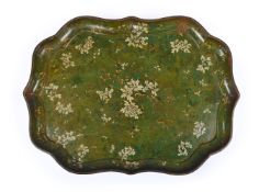 A GREEN PAPIER MACHE SHAPED RECTANGULAR TRAY, THIRD QUARTER 19TH CENTURY
