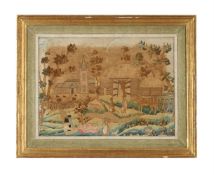 A GEORGE III NEEDLEWORK FARM PICTURE LATE, 18TH CENTURY