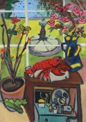 λ ELIZABETH COPE (IRISH B. 1952), VIEW THROUGH THE GARDEN WINDOW WITH LOBSTER AND FLOWER POTS