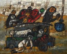 λ THEO TOBIASSE (ISRAELI/FRENCH 1927-2012), DES TAS DE GENS ARRIVENT EN AUTOBUS