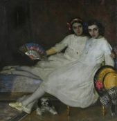 λ VINCENTE PUIG (SPANISH 1882-1965), TWO GIRLS IN WHITE WITH A FAN AND SMALL DOG