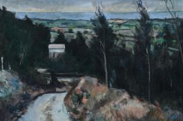 λ PETER COLLIS (BRITISH 1929-2012), FARM ROAD, BUILDINGS AND SEA, COUNTY WICKLOW