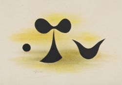 λ PAULE VÉZELAY (BRITISH 1892-1984), TWO BLACK FORMS AND CIRCLE ON YELLOW