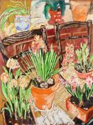 λ JOHN BRATBY (BRITISH 1928-1992), HYACINTHS IN POTS IN HOVE
