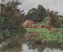 λ ALLAN GWYNNE-JONES (BRITISH 1892-1982), COWS RESTING BESIDE THE RIVER'S EDGE