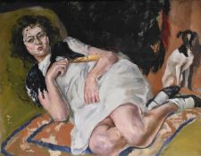 λ ADRIEND DUPAGNE (BELGIUM 1889-1980), PORTRAIT OF A YOUNG LADY RESTING BESIDE HER DOG