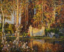 TOM MOSTYN (BRITISH 1864-1930), TWO FEMALE FIGURES DANCING IN A GARDEN LANDSCAPE