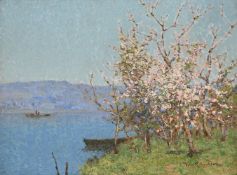 TOM ROBERTSON (SCOTTISH 1850-1947), LAKE SCENE WITH PUNT AND BLOSSOM