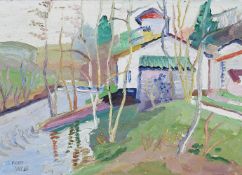 λ FRED YATES (BRITISH 1922-2008), HOUSE BY A RIVER