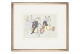 ERNST DRYDEN (AUSTRIAN 1887-1938), ELEGANT LADIES AND GENTLEMAN RESTING BESIDE A VINTAGE AUTOMOBILE