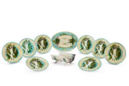 A MAJOLICA ASPARAGUS PART DINING SERVICE