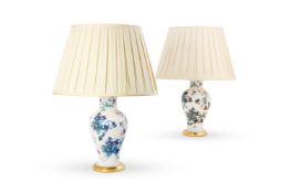 TWO SIMILAR BALUSTER GLASS DECALCOMANIA LAMPS, LATE 20TH CENTURY