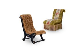 A NAPOLEON III GREEN VELVET AND NEEDLEWORK SLIPPER CHAIR