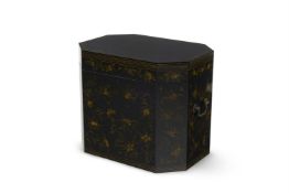 AN EBONISED AND SHAPED OCTAGONAL TWO HANDLED BOX AND HINGED COVER