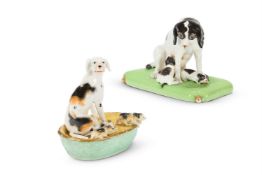 A COPELAND AND GARRETT PORCELAIN MODEL OF A NURSING SPANIEL, CIRCA 1840
