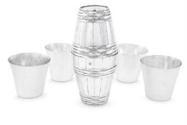 A GERMAN SILVER BARREL SHAPED DOUBLE BEAKER WITH FOUR FURTHER BEAKERS