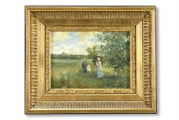 FRENCH SCHOOL (20TH CENTURY), A LADY WITH A PARASOLE AND A GENTELMAN AND A CHILD ON A PATH