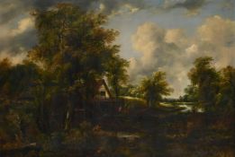 ‡ FREDERICK WATERS WATTS (BRITISH 1800-1870), FIGURES BY A MILL IN A WOODED RIVER LANDSCAPE