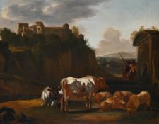 ITALIAN SCHOOL (17TH CENTURY), ANIMALS BY A FOUNTAIN