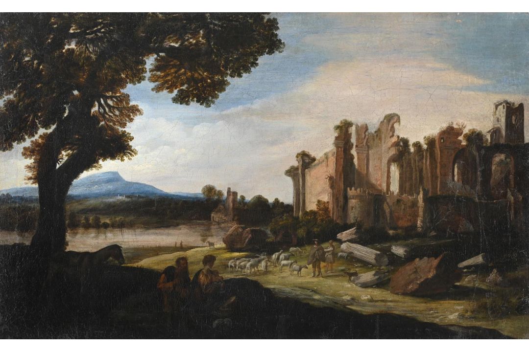 FOLLOWER OF JAN FRANS VAN BLOEMEN, AN ITALIANATE LANDSCAPE WITH RUINS - Image 1 of 3