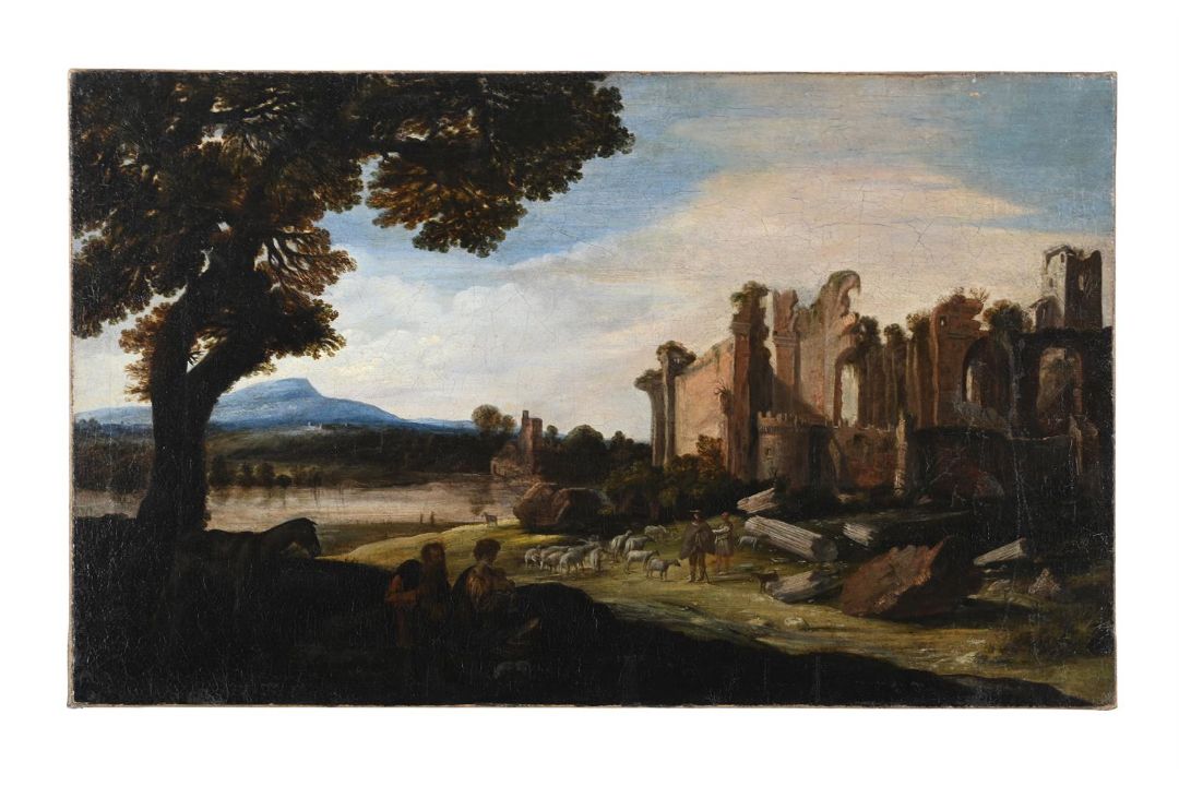 FOLLOWER OF JAN FRANS VAN BLOEMEN, AN ITALIANATE LANDSCAPE WITH RUINS - Image 2 of 3
