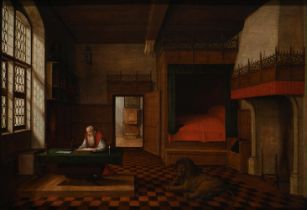 ATTRIBUTED TO HENDRIK VAN STEENWIJK (DUTCH 1580-1649), SAINT JEROME IN HIS STUDY WITH A LION