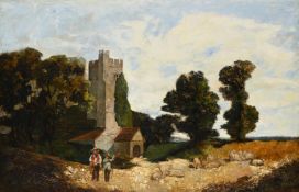 WILLIAM JAMES MULLER (BRITISH 1812-1845), FIGURES AND SHEEP OUTSIDE A CHURCH IN A LANDSCAPE
