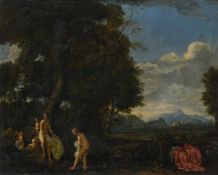 CIRCLE OF DIRCK VAN DER LISSE (DUTCH 1586 - 1669), NYMPHS BATHING IN A WOODLAND GROTTO