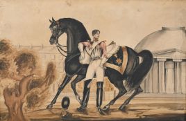 ENGLISH SCHOOL (19TH CENTURY), PORTRAIT OF A CAVALIER WITH HIS HORSE