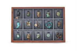 A box of fifteen carved Chinese turquoise models of various animals