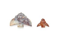 Two Chinese carved mottled jade birds