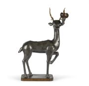 A large Chinese pewter 'Deer' lamp stand