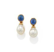 A PAIR OF SAPPHIRE AND CULTURED PEARL EARRINGS