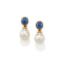 A PAIR OF SAPPHIRE AND CULTURED PEARL EARRINGS