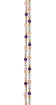 AN AMETHYST, ROSE QUARTZ AND CULTURED PEARL LONG CHAIN