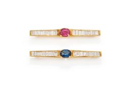 A PAIR OF RUBY, SAPPHIRE AND DIAMOND BAR BROOCHES