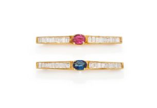 A PAIR OF RUBY, SAPPHIRE AND DIAMOND BAR BROOCHES