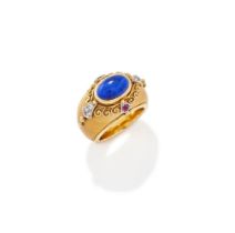 A LAPIS LAZULI, HOLLY WOOD, DIAMOND AND RUBY DRESS RING