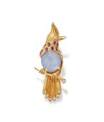 A STAR SAPPHIRE, RUBY AND DIAMOND BIRD BROOCH