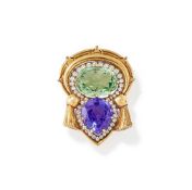 ROGER DOYLE, A BERYL, TANZANITE AND DIAMOND BROOCH