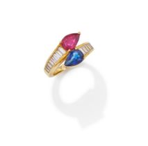 A RUBY, SAPPHIRE AND DIAMOND 'TOI ET MOI' RING