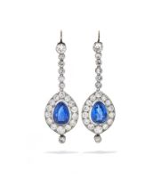 A PAIR OF EARLY 20TH CENTURY SAPPHIRE AND DIAMOND PENDENT EARRINGS