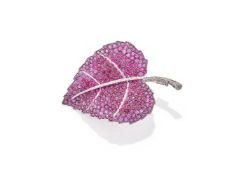 A DIAMOND, RUBY AND PINK SAPPHIRE LEAF BROOCH