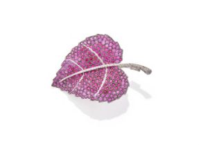 A DIAMOND, RUBY AND PINK SAPPHIRE LEAF BROOCH