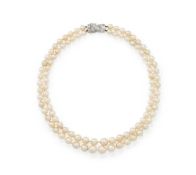 A TWO ROW CULTURED PEARL AND DIAMOND NECKLACE