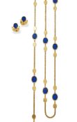 A LAPIS LAZULI NECKLACE, LONGCHAIN AND EARRING SET